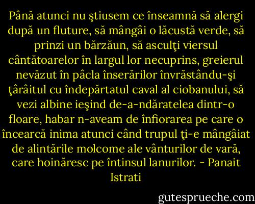 Până atunci nu ştiusem ce înseamnă să alergi după un fluture, să mângâi o lăcustă verde, să prinzi un bărzăun, să asculţi viersul cântătoarelor în largul lor necuprins, greierul nevăzut în pâcla înserărilor învrăstându-şi ţârâitul cu îndepărtatul caval al ciobanului, să vezi albine ieşind de-a-ndăratelea dintr-o floare, habar n-aveam de înfiorarea pe care o încearcă inima atunci când trupul ţi-e mângâiat de alintările molcome ale vânturilor de vară, care hoinăresc pe întinsul lanurilor. - Panait Istrati
