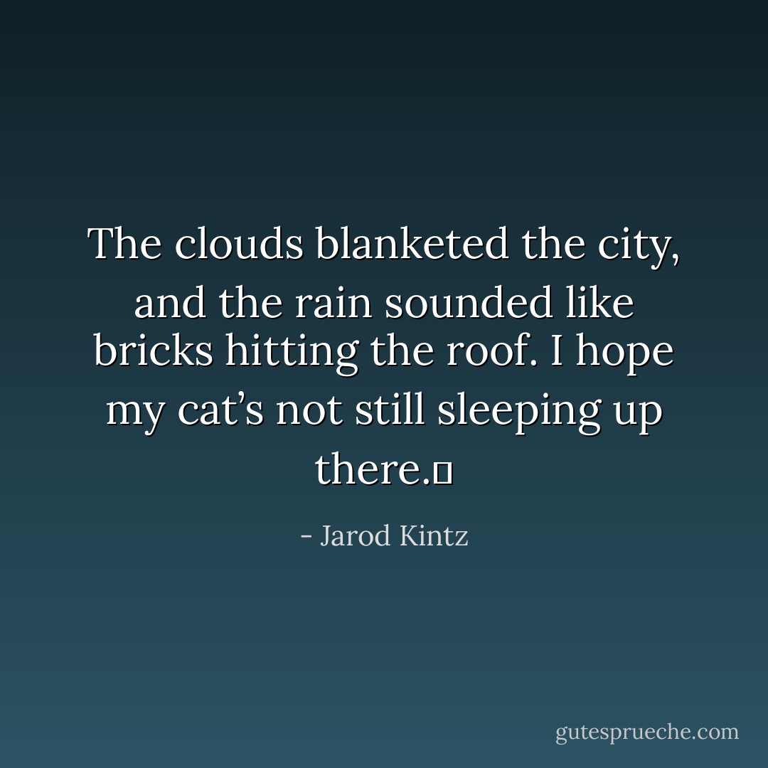 The clouds blanketed the city, and the rain sounded like bricks hitting the roof. I hope my cat’s not still sleeping up there.  - Jarod Kintz