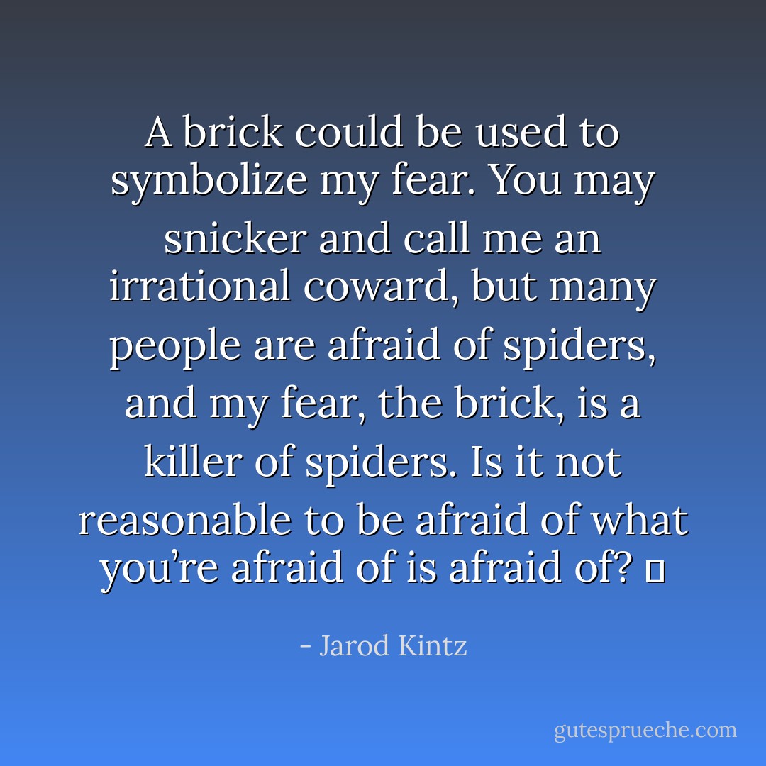 A brick could be used to symbolize my fear. You may snicker and call me an irrational coward, but many people are afraid of spiders, and my fear, the brick, is a killer of spiders. Is it not reasonable to be afraid of what you’re afraid of is afraid of?   - Jarod Kintz