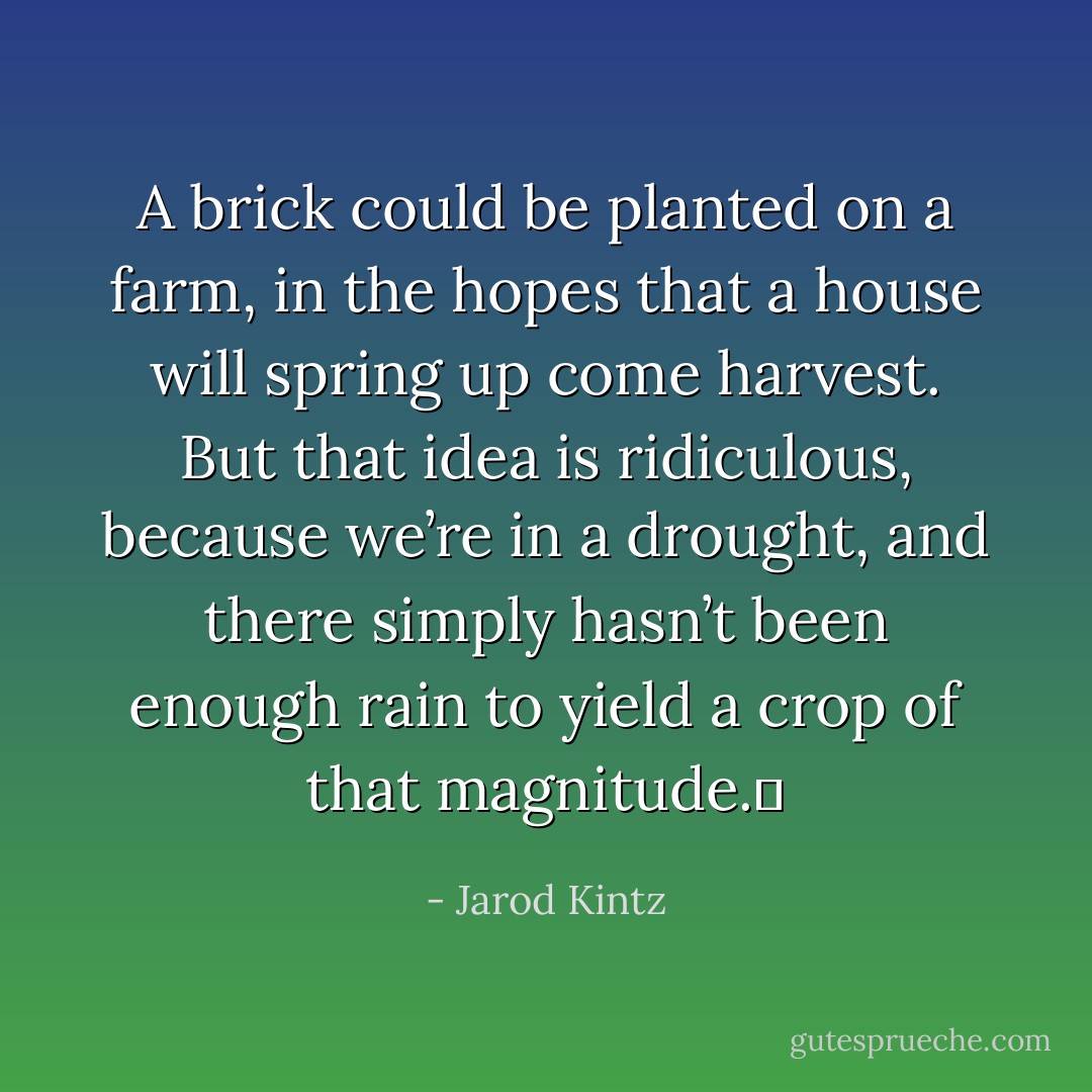A brick could be planted on a farm, in the hopes that a house will spring up come harvest. But that idea is ridiculous, because we’re in a drought, and there simply hasn’t been enough rain to yield a crop of that magnitude.  - Jarod Kintz