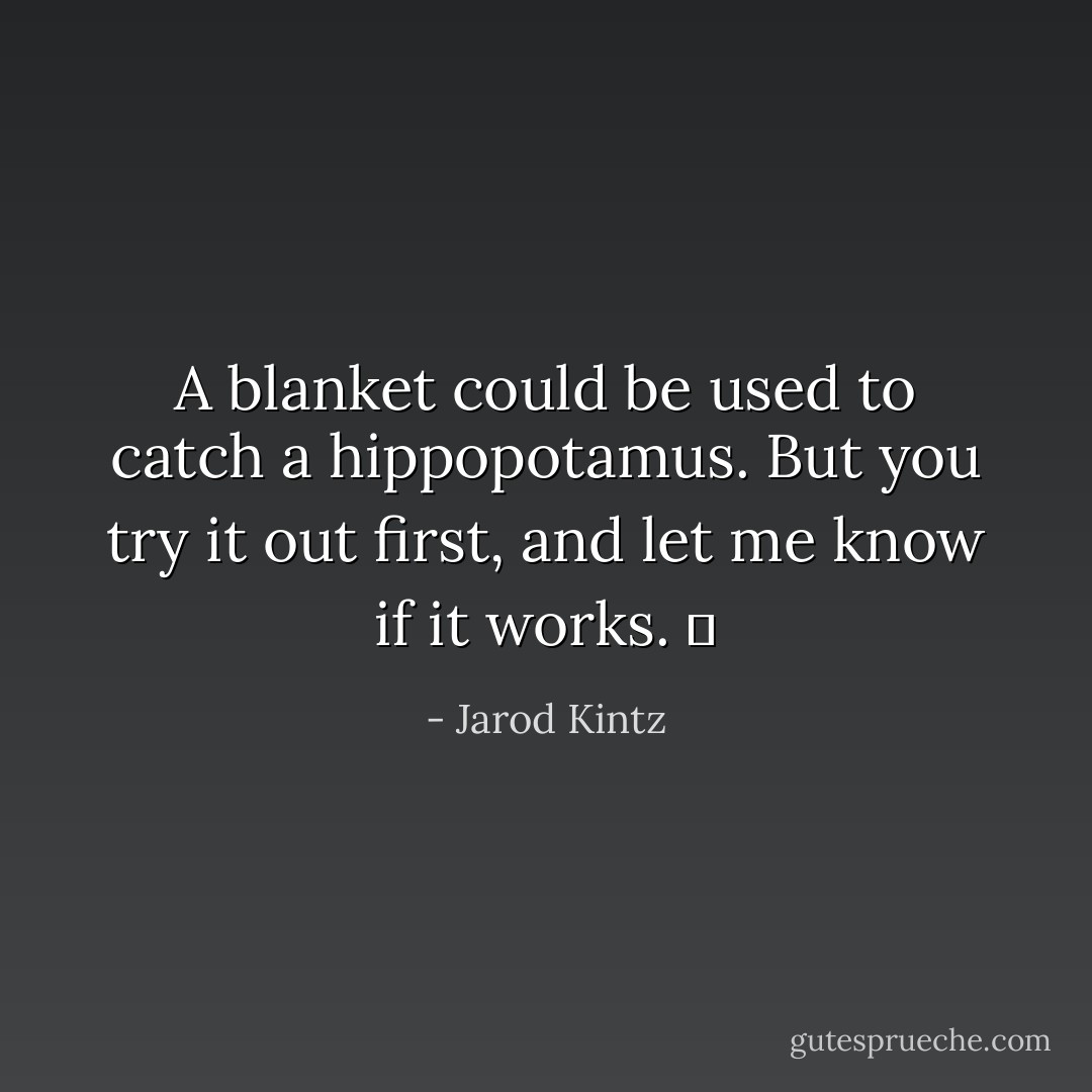 A blanket could be used to catch a hippopotamus. But you try it out first, and let me know if it works.   - Jarod Kintz