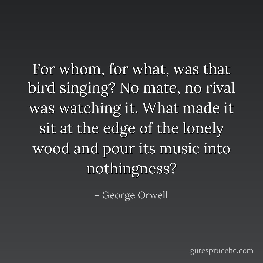 For whom, for what, was that bird singing? No mate, no rival was watching it. What made it sit at the edge of the lonely wood and pour its music into nothingness? - George Orwell