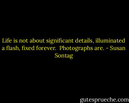 Life is not about significant details, illuminated a flash, fixed forever.<br /><br />Photographs are. - Susan Sontag