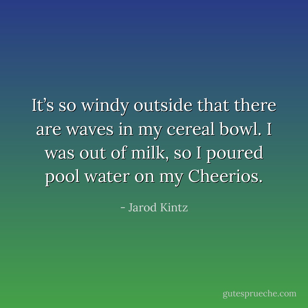 It’s so windy outside that there are waves in my cereal bowl. I was out of milk, so I poured pool water on my Cheerios. - Jarod Kintz