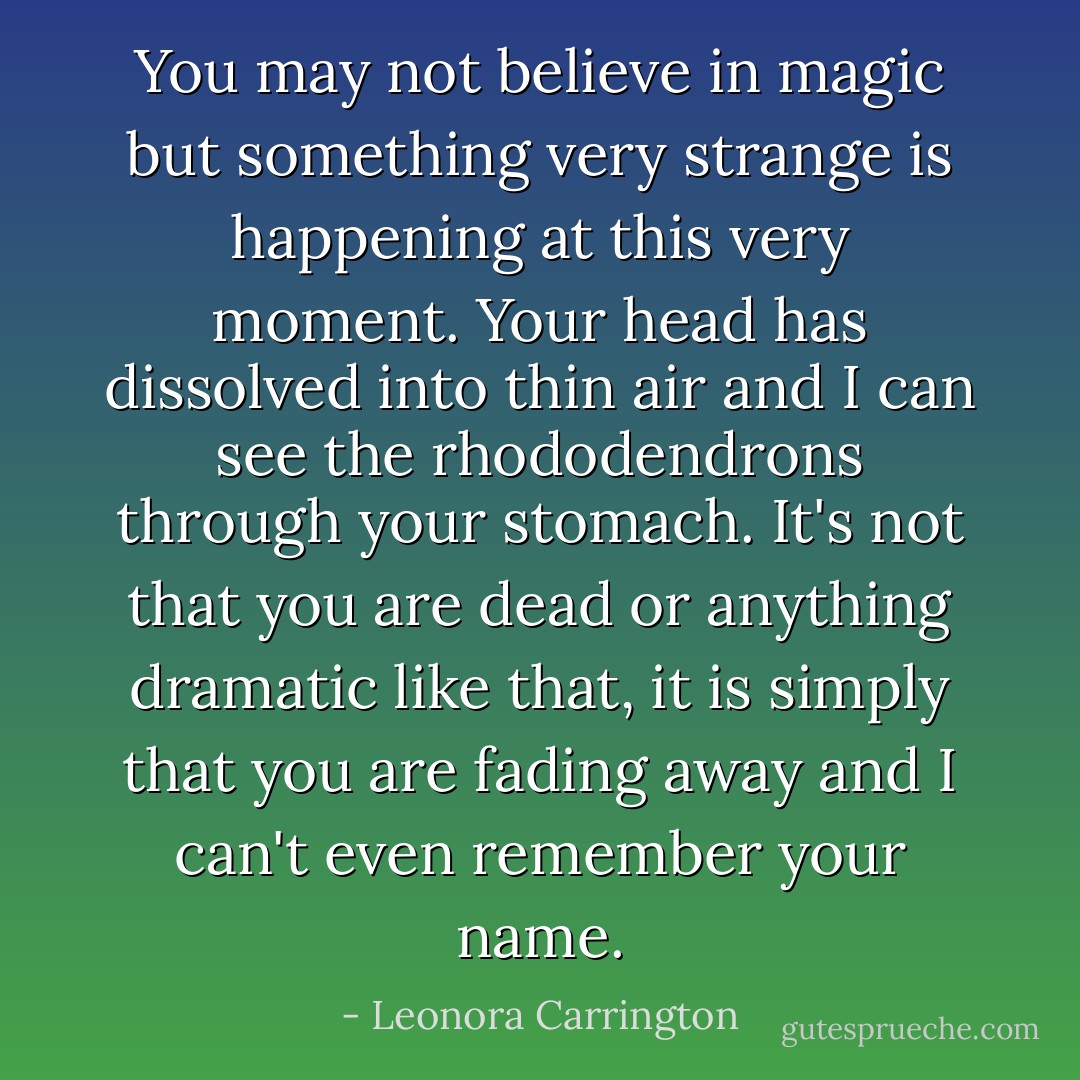 You may not believe in magic but something very strange is happening at this very moment. Your head has dissolved into thin air and I can see the rhododendrons through your stomach. It's not that you are dead or anything dramatic like that, it is simply that you are fading away and I can't even remember your name. - Leonora Carrington