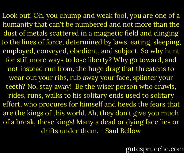 Look out! Oh, you chump and weak fool, you are one of a humanity that can't be numbered and not more than the dust of metals scattered in a magnetic field and clinging to the lines of force, determined by laws, eating, sleeping, employed, conveyed, obedient, and subject. So why hunt for still more ways to lose liberty? Why go toward, and not instead run from, the huge drag that threatens to wear out your ribs, rub away your face, splinter your teeth? No, stay away!<br /><br />Be the wiser person who crawls, rides, runs, walks to his solitary ends used to solitary effort, who procures for himself and heeds the fears that are the kings of this world. Ah, they don't give you much of a break, these kings! Many a dead or dying face lies or drifts under them. - Saul Bellow