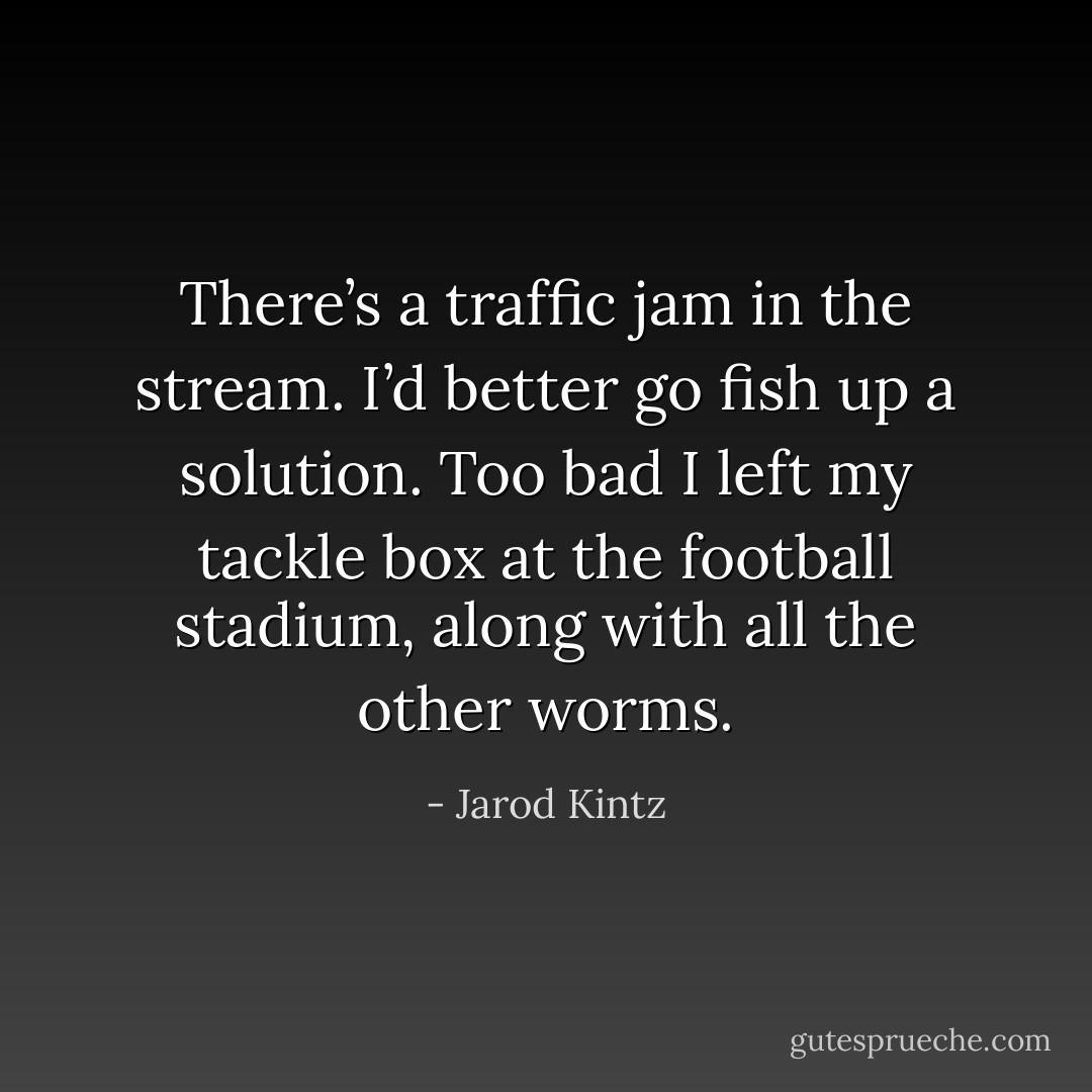 There’s a traffic jam in the stream. I’d better go fish up a solution. Too bad I left my tackle box at the football stadium, along with all the other worms. - Jarod Kintz