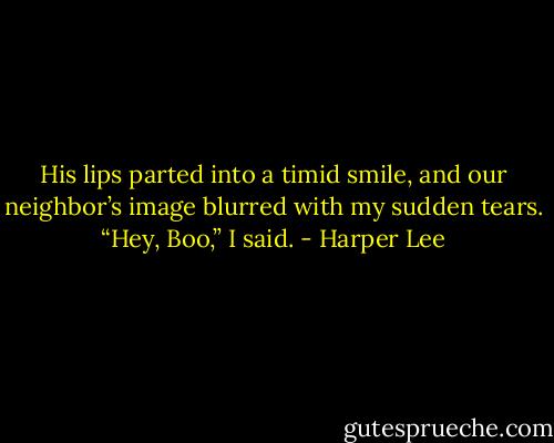 His lips parted into a timid smile, and our neighbor’s image blurred with my sudden tears. “Hey, Boo,” I said. - Harper Lee