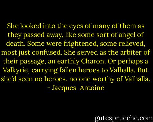 She looked into the eyes of many of them as they passed away, like some sort of angel of death. Some were frightened, some relieved, most just confused. She served as the arbiter of their passage, an earthly Charon. Or perhaps a Valkyrie, carrying fallen heroes to Valhalla. But she’d seen no heroes, no one worthy of Valhalla. - Jacques  Antoine
