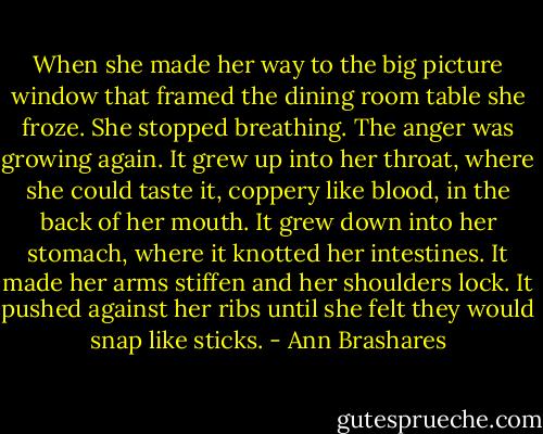 When she made her way to the big picture window that framed the dining room table she froze. She stopped breathing. The anger was growing again.<br />It grew up into her throat, where she could taste it, coppery like blood, in the back of her mouth. It grew down into her stomach, where it knotted her intestines. It made her arms stiffen and her shoulders lock. It pushed against her ribs until she felt they would snap like sticks. - Ann Brashares