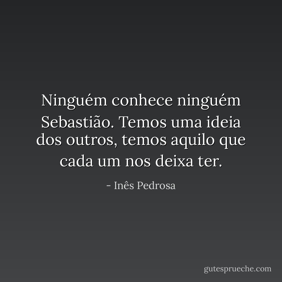 Ninguém conhece ninguém Sebastião. Temos uma ideia dos outros, temos aquilo que cada um nos deixa ter. - Inês Pedrosa