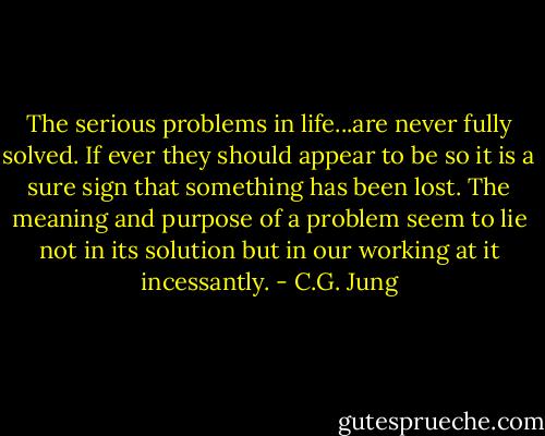 The serious problems in life...are never fully solved. If ever they should appear to be so it is a sure sign that something has been lost. The meaning and purpose of a problem seem to lie not in its solution but in our working at it incessantly. - C.G. Jung