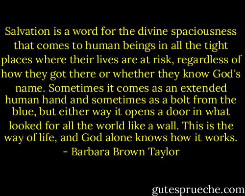 Salvation is a word for the divine spaciousness that comes to human beings in all the tight places where their lives are at risk, regardless of how they got there or whether they know God's name. Sometimes it comes as an extended human hand and sometimes as a bolt from the blue, but either way it opens a door in what looked for all the world like a wall. This is the way of life, and God alone knows how it works. - Barbara Brown Taylor