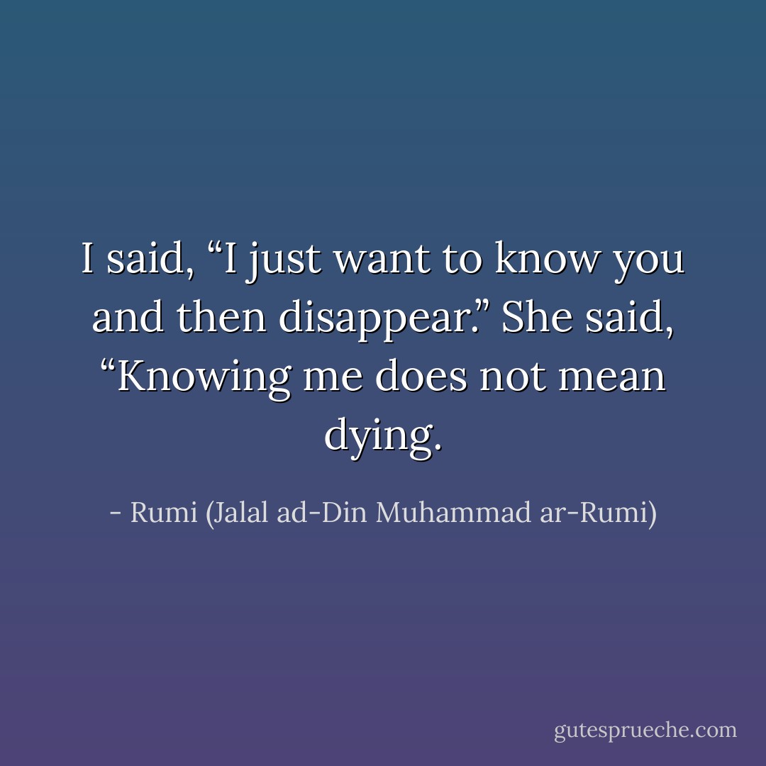 I said, “I just want to know you and then disappear.”<br />She said, “Knowing me does not mean dying. - Rumi (Jalal ad-Din Muhammad ar-Rumi)