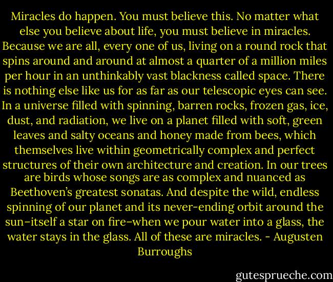 Miracles do happen. You must believe this. No matter what else you believe about life, you must believe in miracles. Because we are all, every one of us, living on a round rock that spins around and around at almost a quarter of a million miles per hour in an unthinkably vast blackness called space. There is nothing else like us for as far as our telescopic eyes can see. In a universe filled with spinning, barren rocks, frozen gas, ice, dust, and radiation, we live on a planet filled with soft, green leaves and salty oceans and honey made from bees, which themselves live within geometrically complex and perfect structures of their own architecture and creation. In our trees are birds whose songs are as complex and nuanced as Beethoven’s greatest sonatas. And despite the wild, endless spinning of our planet and its never-ending orbit around the sun–itself a star on fire–when we pour water into a glass, the water stays in the glass. All of these are miracles. - Augusten Burroughs