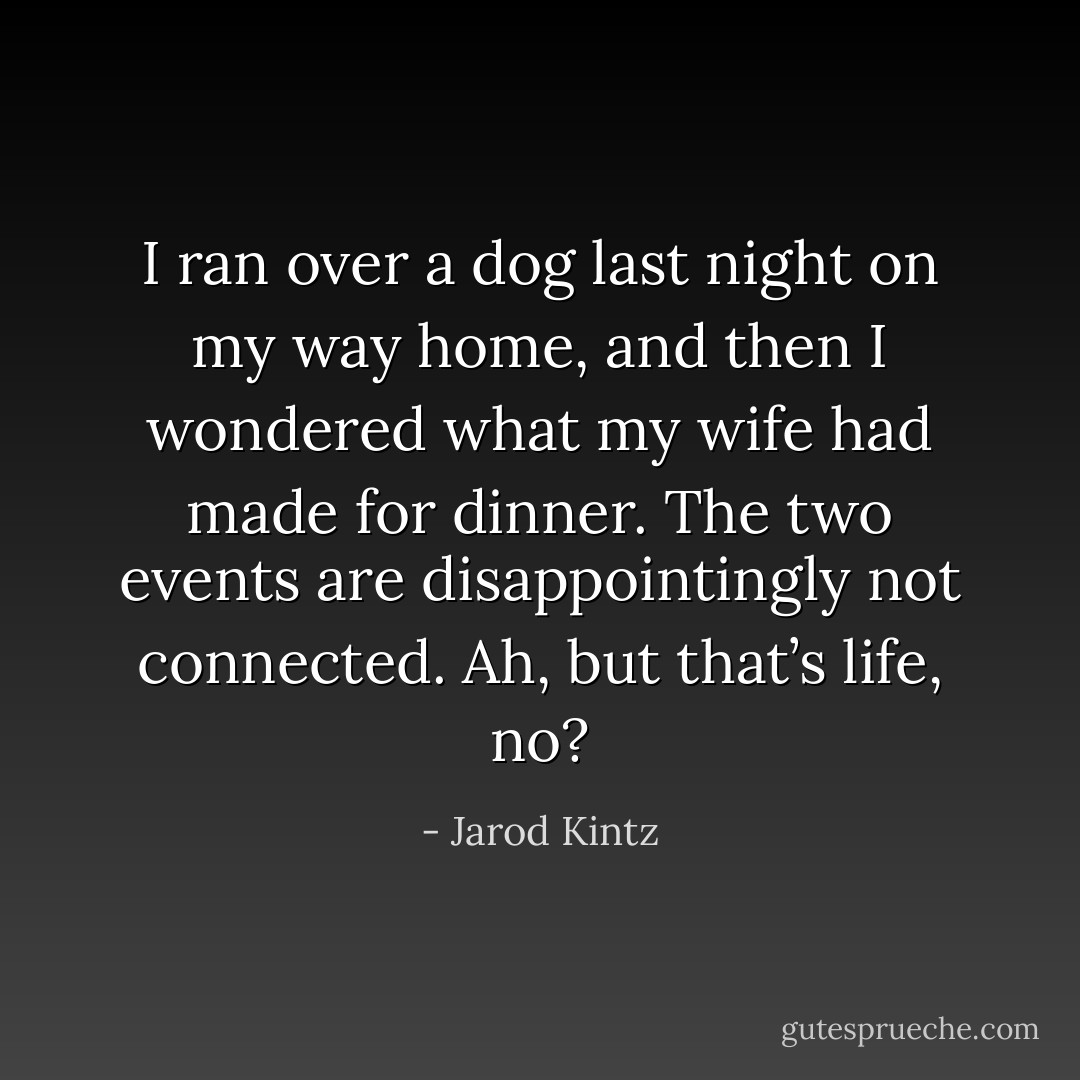 I ran over a dog last night on my way home, and then I wondered what my wife had made for dinner. The two events are disappointingly not connected. Ah, but that’s life, no? - Jarod Kintz