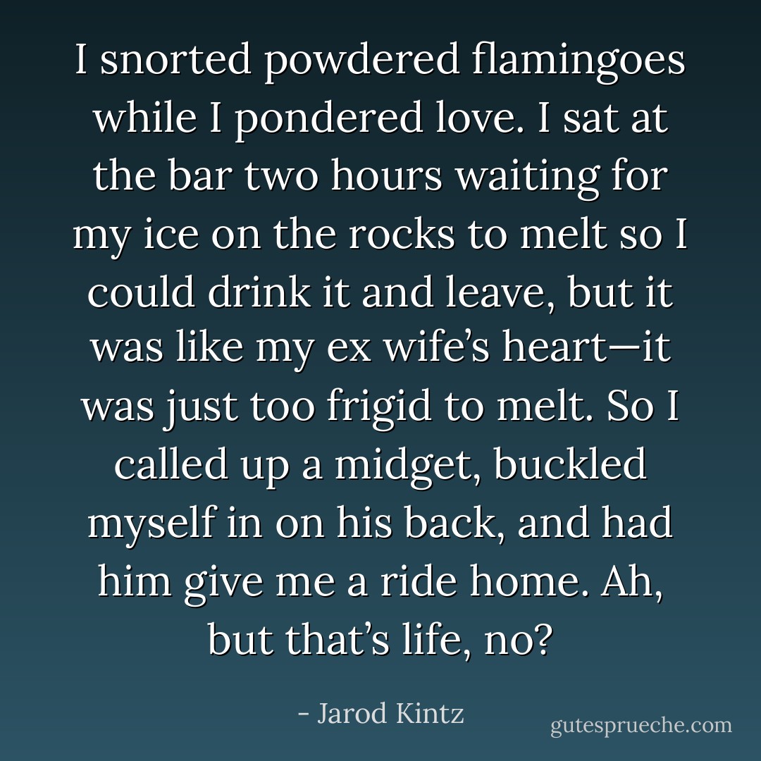 I snorted powdered flamingoes while I pondered love. I sat at the bar two hours waiting for my ice on the rocks to melt so I could drink it and leave, but it was like my ex wife’s heart—it was just too frigid to melt. So I called up a midget, buckled myself in on his back, and had him give me a ride home. Ah, but that’s life, no? - Jarod Kintz