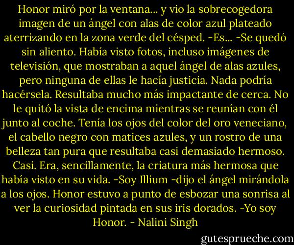Honor miró por la ventana... y vio la sobrecogedora imagen de un ángel con alas de color azul plateado aterrizando en la zona verde del césped.<br />-Es... -Se quedó sin aliento.<br />Había visto fotos, incluso imágenes de televisión, que mostraban a aquel ángel de alas azules, pero ninguna de ellas le hacía justicia. Nada podría hacérsela.<br />Resultaba mucho más impactante de cerca. No le quitó la vista de encima mientras se reunían con él junto al coche. Tenía los ojos del color del oro veneciano, el cabello negro con matices azules, y un rostro de una belleza tan pura que resultaba casi demasiado hermoso. Casi.<br />Era, sencillamente, la criatura más hermosa que había visto en su vida.<br />-Soy Illium -dijo el ángel mirándola a los ojos.<br />Honor estuvo a punto de esbozar una sonrisa al ver la curiosidad pintada en sus iris dorados.<br />-Yo soy Honor. - Nalini Singh