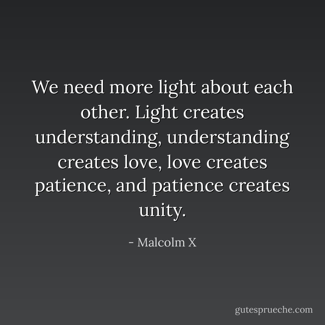 We need more light about each other. Light creates understanding, understanding creates love, love creates patience, and patience creates unity. - Malcolm X