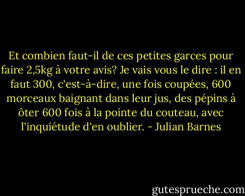 Et combien faut-il de ces petites garces pour faire 2,5kg à votre avis? Je vais vous le dire : il en faut 300, c'est-à-dire, une fois coupées, 600 morceaux baignant dans leur jus, des pépins à ôter 600 fois à la pointe du couteau, avec l'inquiétude d'en oublier. - Julian Barnes