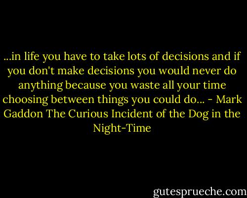 ...in life you have to take lots of decisions and if you don't make decisions you would never do anything because you waste all your time choosing between things you could do... - Mark Gaddon The Curious Incident of the Dog in the Night-Time