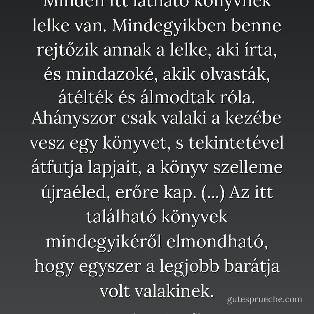 Minden itt látható könyvnek lelke van. Mindegyikben benne rejtőzik annak a lelke, aki írta, és mindazoké, akik olvasták, átélték és álmodtak róla. Ahányszor csak valaki a kezébe vesz egy könyvet, s tekintetével átfutja lapjait, a könyv szelleme újraéled, erőre kap. (...) Az itt található könyvek mindegyikéről elmondható, hogy egyszer a legjobb barátja volt valakinek. - Carlos Ruiz Zafón