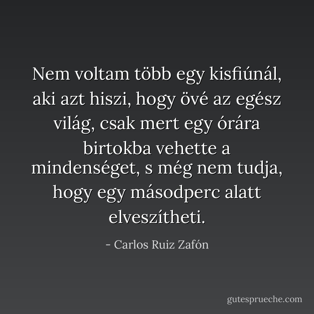 Nem voltam több egy kisfiúnál, aki azt hiszi, hogy övé az egész világ, csak mert egy órára birtokba vehette a mindenséget, s még nem tudja, hogy egy másodperc alatt elveszítheti. - Carlos Ruiz Zafón