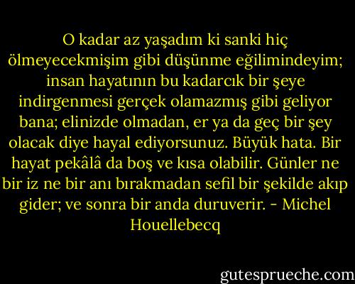 O kadar az yaşadım ki sanki hiç ölmeyecekmişim gibi düşünme eğilimindeyim; insan hayatının bu kadarcık bir şeye indirgenmesi gerçek olamazmış gibi geliyor bana; elinizde olmadan, er ya da geç bir şey olacak diye hayal ediyorsunuz. Büyük hata. Bir hayat pekâlâ da boş ve kısa olabilir. Günler ne bir iz ne bir anı bırakmadan sefil bir şekilde akıp gider; ve sonra bir anda duruverir. - Michel Houellebecq