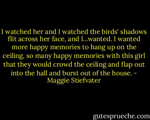 I watched her and I watched the birds' shadows flit across her face, and I...wanted. I wanted more happy memories to hang up on the ceiling, so many happy memories with this girl that they would crowd the ceiling and flap out into the hall and burst out of the house. - Maggie Stiefvater