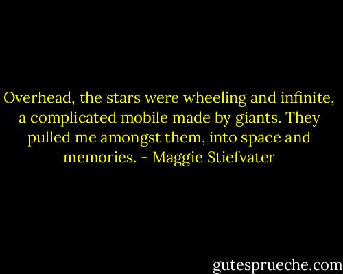 Overhead, the stars were wheeling and infinite, a complicated mobile made by giants. They pulled me amongst them, into space and memories. - Maggie Stiefvater