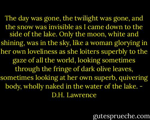 The day was gone, the twilight was gone, and the snow was invisible as I came down to the side of the lake. Only the moon, white and shining, was in the sky, like a woman glorying in her own loveliness as she loiters superbly to the gaze of all the world, looking sometimes through the fringe of dark olive leaves, sometimes looking at her own superb, quivering body, wholly naked in the water of the lake. - D.H. Lawrence