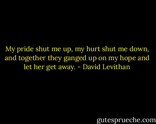 My pride shut me up, my hurt shut me down, and together they ganged up on my hope and let her get away. - David Levithan