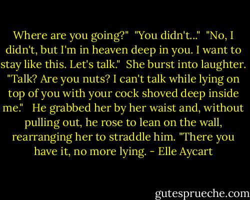 Where are you going?"<br /><br />"You didn't..."<br /><br />"No, I didn't, but I'm in heaven deep in you. I want to stay like this. Let's talk."<br /><br />She burst into laughter. "Talk? Are you nuts? I can't talk while lying on top of you with your cock shoved deep inside me." <br /><br />He grabbed her by her waist and, without pulling out, he rose to lean on the wall, rearranging her to straddle him. "There you have it, no more lying. - Elle Aycart