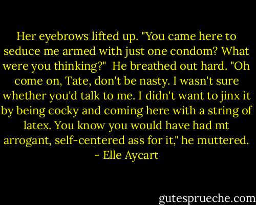 Her eyebrows lifted up. "You came here to seduce me armed with just one condom? What were you thinking?"<br /><br />He breathed out hard. "Oh come on, Tate, don't be nasty. I wasn't sure whether you'd talk to me. I didn't want to jinx it by being cocky and coming here with a string of latex. You know you would have had mt arrogant, self-centered ass for it," he muttered. - Elle Aycart