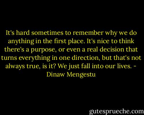 It's hard sometimes to remember why we do anything in the first place. It's nice to think there's a purpose, or even a real decision that turns everything in one direction, but that's not always true, is it? We just fall into our lives. - Dinaw Mengestu