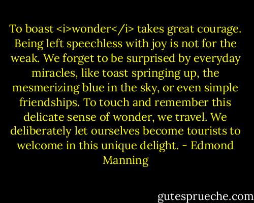 To boast <i>wonder</i> takes great courage. Being left speechless with joy is not for the weak. We forget to be surprised by everyday miracles, like toast springing up, the mesmerizing blue in the sky, or even simple friendships. To touch and remember this delicate sense of wonder, we travel. We deliberately let ourselves become tourists to welcome in this unique delight. - Edmond Manning