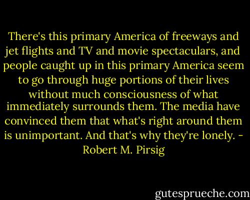 There's this primary America of freeways and jet flights and TV and movie spectaculars, and people caught up in this primary America seem to go through huge portions of their lives without much consciousness of what immediately surrounds them. The media have convinced them that what's right around them is unimportant. And that's why they're lonely. - Robert M. Pirsig