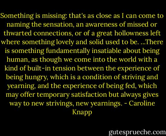 Something is missing: that's as close as I can come to naming the sensation, an awareness of missed or thwarted connections, or of a great hollowness left where something lovely and solid used to be. ...There is something fundamentally insatiable about being human, as though we come into the world with a kind of built-in tension between the experience of being hungry, which is a condition of striving and yearning, and the experience of being fed, which may offer temporary satisfaction but always gives way to new strivings, new yearnings. - Caroline Knapp
