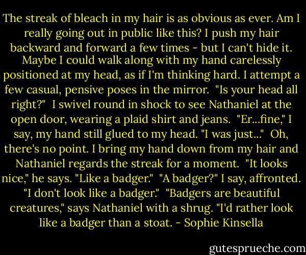The streak of bleach in my hair is as obvious as ever. Am I really going out in public like this? I push my hair backward and forward a few times - but I can't hide it. Maybe I could walk along with my hand carelessly positioned at my head, as if I'm thinking hard. I attempt a few casual, pensive poses in the mirror.<br /><br />"Is your head all right?"<br /><br />I swivel round in shock to see Nathaniel at the open door, wearing a plaid shirt and jeans.<br /><br />"Er...fine," I say, my hand still glued to my head. "I was just..."<br /><br />Oh, there's no point. I bring my hand down from my hair and Nathaniel regards the streak for a moment.<br /><br />"It looks nice," he says. "Like a badger."<br /><br />"A badger?" I say, affronted. "I don't look like a badger."<br /><br />"Badgers are beautiful creatures," says Nathaniel with a shrug. "I'd rather look like a badger than a stoat. - Sophie Kinsella