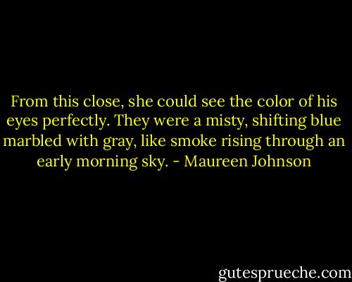 From this close, she could see the color of his eyes perfectly. They were a misty, shifting blue marbled with gray, like smoke rising through an early morning sky. - Maureen Johnson