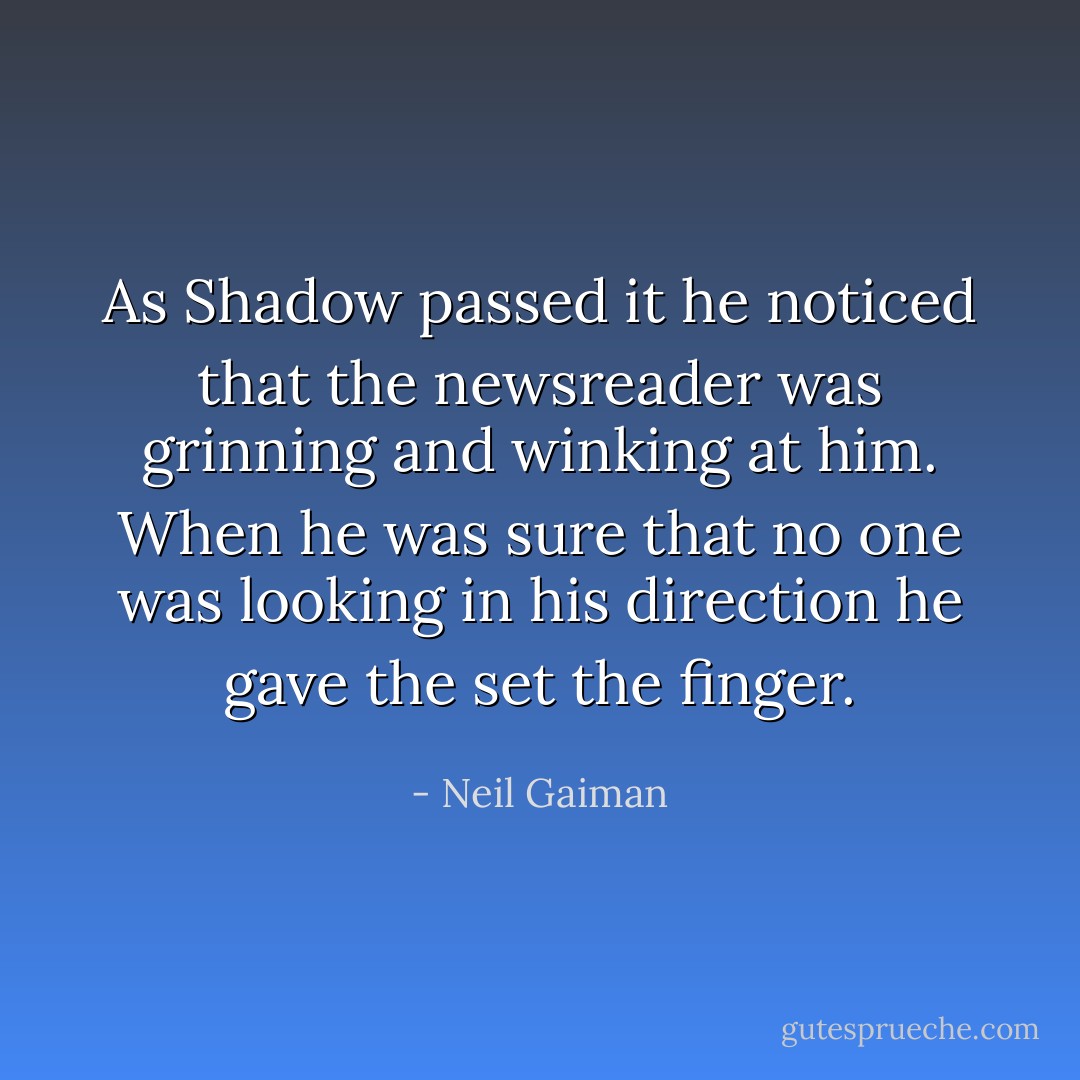As Shadow passed it he noticed that the newsreader was grinning and winking at him. When he was sure that no one was looking in his direction he gave the set the finger. - Neil Gaiman
