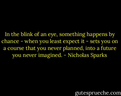 In the blink of an eye, something happens by chance - when you least expect it - sets you on a course that you never planned, into a future you never imagined. - Nicholas Sparks