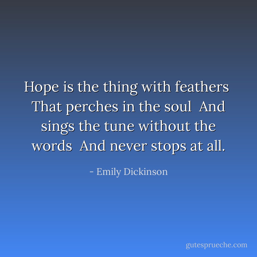 Hope is the thing with feathers <br />That perches in the soul <br />And sings the tune without the words <br />And never stops at all. - Emily Dickinson
