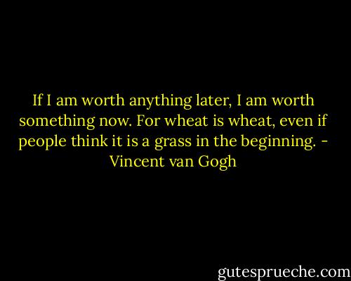 If I am worth anything later, I am worth something now. For wheat is wheat, even if people think it is a grass in the beginning. - Vincent van Gogh