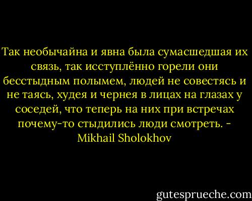 Так необычайна и явна была сумасшедшая их связь, так исступлённо горели они бесстыдным полымем, людей не совестясь и не таясь, худея и чернея в лицах на глазах у соседей, что теперь на них при встречах почему-то стыдились люди смотреть. - Mikhail Sholokhov
