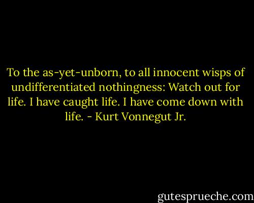 To the as-yet-unborn, to all innocent wisps of undifferentiated nothingness: Watch out for life. I have caught life. I have come down with life. - Kurt Vonnegut Jr.