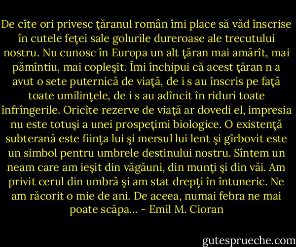 De cîte ori privesc ţăranul român îmi place să văd înscrise în cutele feţei sale golurile dureroase ale trecutului nostru. Nu cunosc în Europa un alt ţăran mai amărît, mai pămîntiu, mai copleşit. Îmi închipui că acest ţăran n a avut o sete puternică de viaţă, de i s au înscris pe faţă toate umilinţele, de i s au adîncit în riduri toate înfrîngerile. Oricîte rezerve de viaţă ar dovedi el, impresia nu este totuşi a unei prospeţimi biologice. O existenţă subterană este fiinţa lui şi mersul lui lent şi gîrbovit este un simbol pentru umbrele destinului nostru. Sîntem un neam care am ieşit din văgăuni, din munţi şi din văi. Am privit cerul din umbră şi am stat drepţi în întuneric. Ne am răcorit o mie de ani. De aceea, numai febra ne mai poate scăpa… - Emil M. Cioran