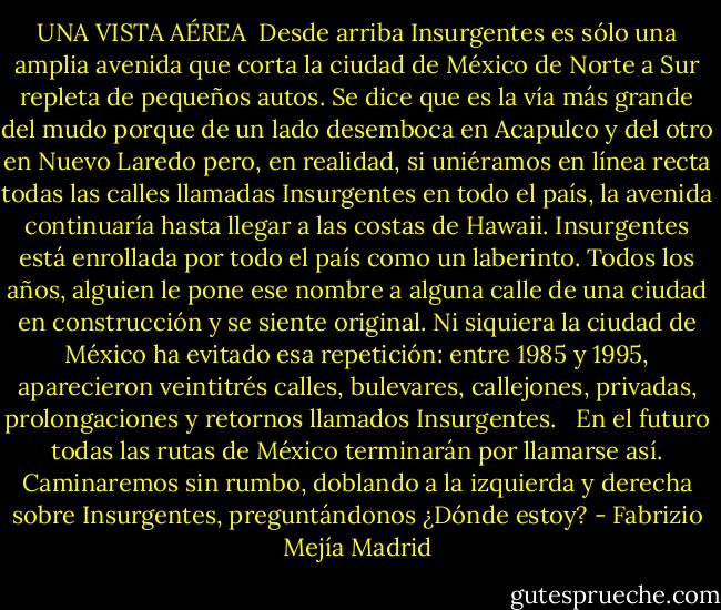 UNA VISTA AÉREA<br /><br />Desde arriba Insurgentes es sólo una amplia avenida que corta la ciudad de México de Norte a Sur repleta de pequeños autos. Se dice que es la vía más grande del mudo porque de un lado desemboca en Acapulco y del otro en Nuevo Laredo pero, en realidad, si uniéramos en línea recta todas las calles llamadas Insurgentes en todo el país, la avenida continuaría hasta llegar a las costas de Hawaii. Insurgentes está enrollada por todo el país como un laberinto. Todos los años, alguien le pone ese nombre a alguna calle de una ciudad en construcción y se siente original. Ni siquiera la ciudad de México ha evitado esa repetición: entre 1985 y 1995, aparecieron veintitrés calles, bulevares, callejones, privadas, prolongaciones y retornos llamados Insurgentes. <br /><br />En el futuro todas las rutas de México terminarán por llamarse así. Caminaremos sin rumbo, doblando a la izquierda y derecha sobre Insurgentes, preguntándonos ¿Dónde estoy? - Fabrizio Mejía Madrid