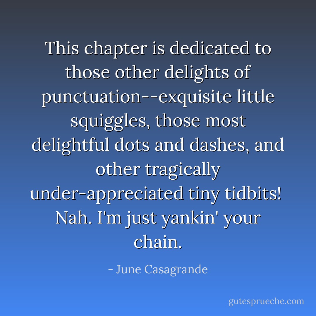 This chapter is dedicated to those other delights of punctuation--exquisite little squiggles, those most delightful dots and dashes, and other tragically under-appreciated tiny tidbits!<br /><br />Nah. I'm just yankin' your chain. - June Casagrande