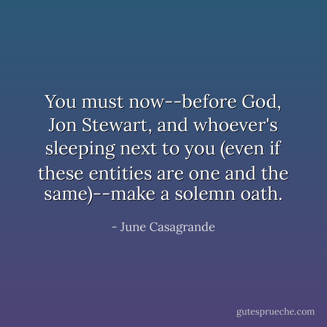 You must now--before God, Jon Stewart, and whoever's sleeping next to you (even if these entities are one and the same)--make a solemn oath. - June Casagrande